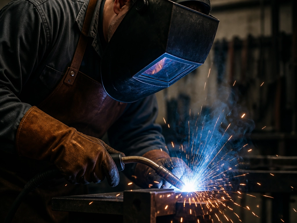 Soudeur français au TIG soudant un brasero artisanal en acier corten